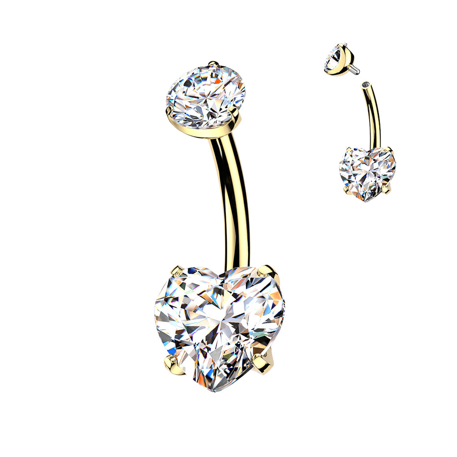 24K gold PVD heart CZ belly button ring with clear CZ — 14G ASTM F-136 implant-grade titanium navel barbell by Pressha
