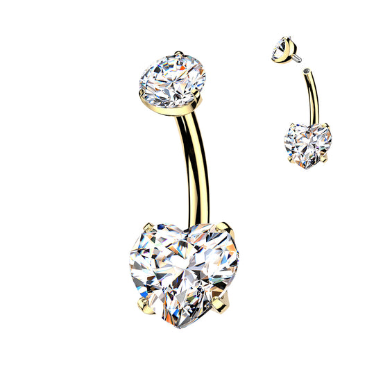 24K gold PVD heart CZ belly button ring with clear CZ — 14G ASTM F-136 implant-grade titanium navel barbell by Pressha
