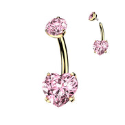 Implant-Grade Titanium 24K Gold PVD Internally Threaded Prong-Set Heart CZ Navel Ring