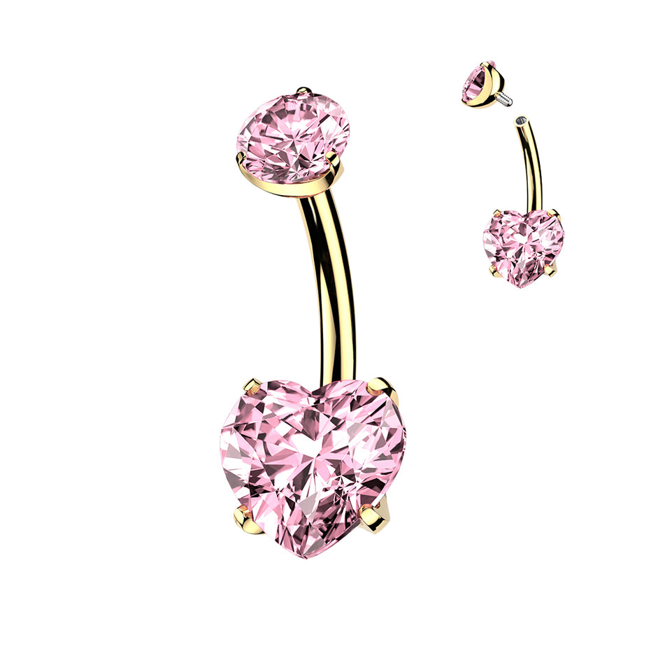 24K gold PVD heart CZ belly button ring with pink CZ — 14G ASTM F-136 implant-grade titanium navel barbell by Pressha
