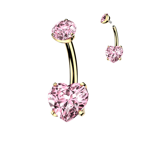 24K gold PVD heart CZ belly button ring with pink CZ — 14G ASTM F-136 implant-grade titanium navel barbell by Pressha

