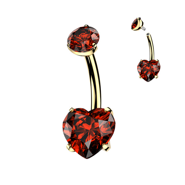 24K gold PVD heart CZ belly button ring with ruby red CZ — 14G ASTM F-136 implant-grade titanium navel barbell by Pressha
