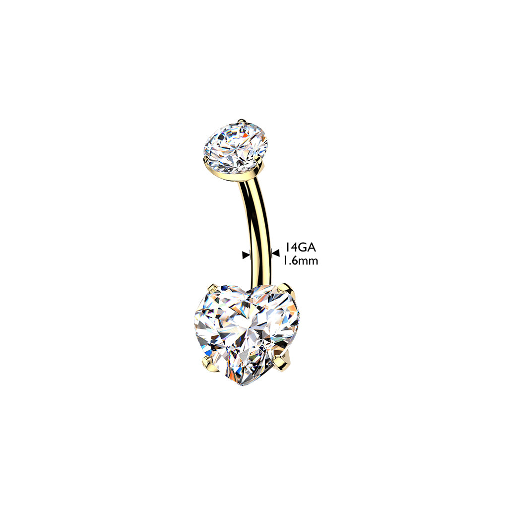 Implant-Grade Titanium 24K Gold PVD Internally Threaded Prong-Set Heart CZ Navel Ring