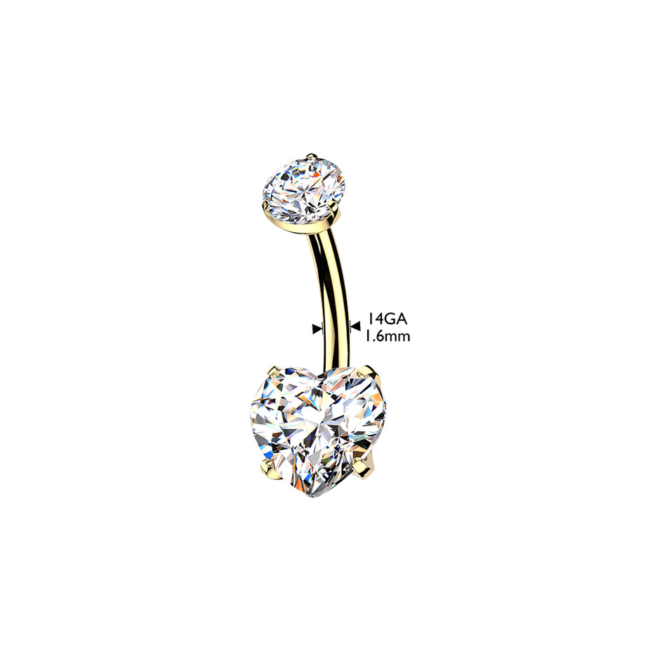 24K gold PVD heart CZ belly button ring side view — 14G ASTM F-136 implant-grade titanium navel barbell by Pressha
