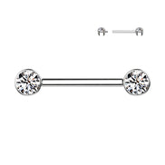 Implant Grade Titanium Internally Threaded Nipple Barbell — Bezel Set CZ Ends