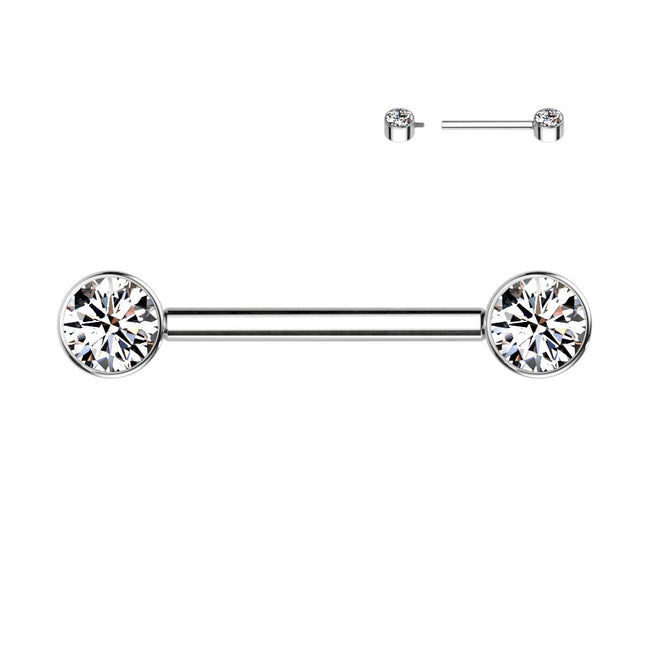 Implant Grade Titanium Internally Threaded Nipple Barbell — Bezel Set CZ Ends
