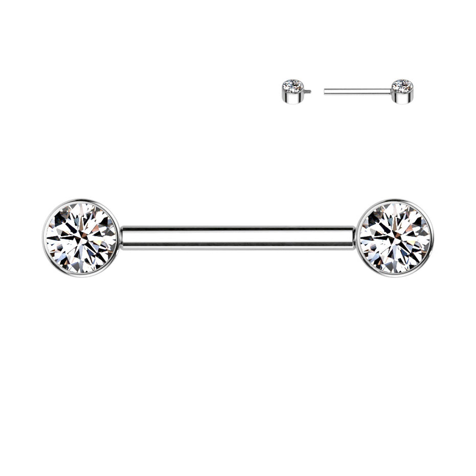 Bezel Set CZ Internally Threaded Nipple Barbell in silver, ASTM F-136 implant grade titanium, 14G, 9/16