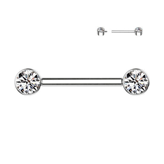 Implant Grade Titanium Internally Threaded Nipple Barbell — Bezel Set CZ Ends