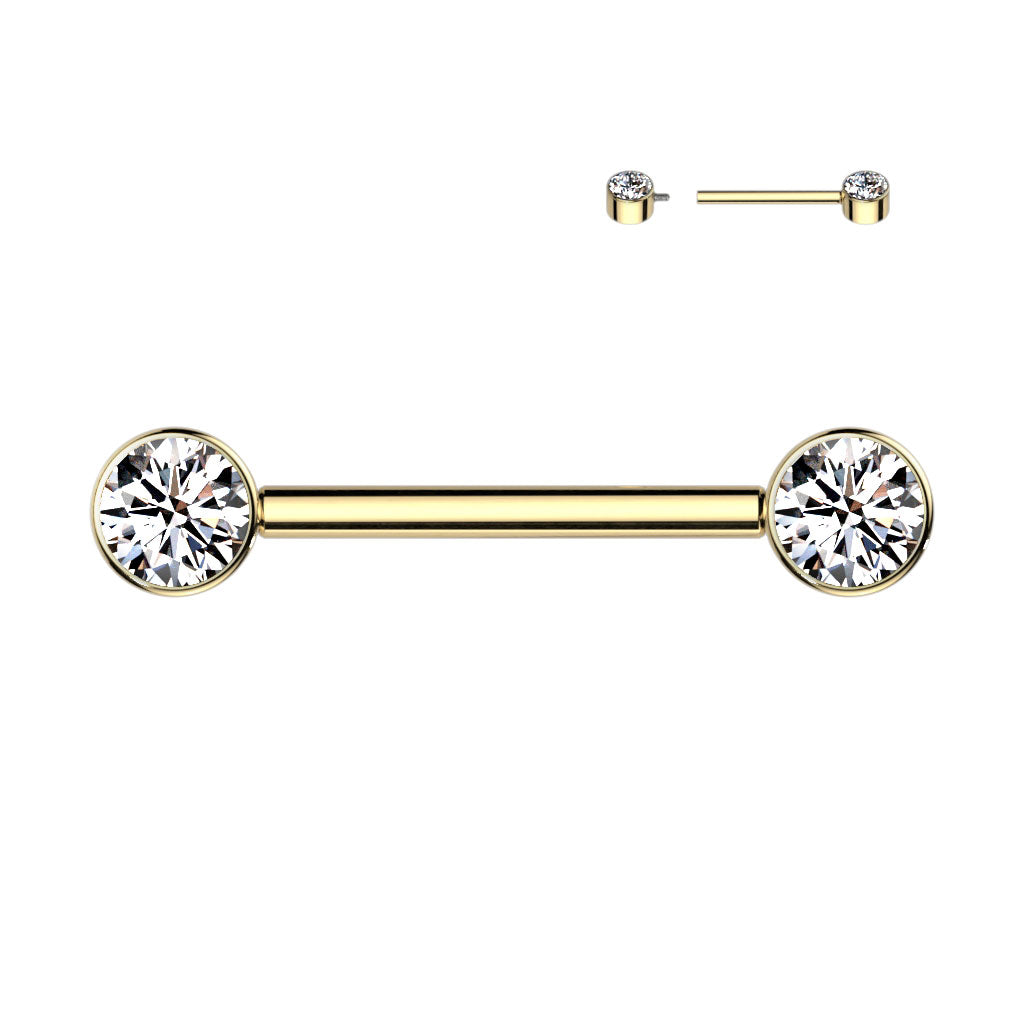Implant Grade Titanium Internally Threaded Nipple Barbell — Bezel Set CZ Ends