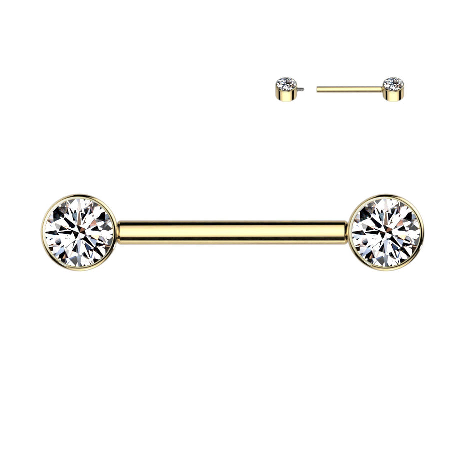 Bezel Set CZ Internally Threaded Nipple Barbell in gold PVD, ASTM F-136 implant grade titanium, 14G, 9/16