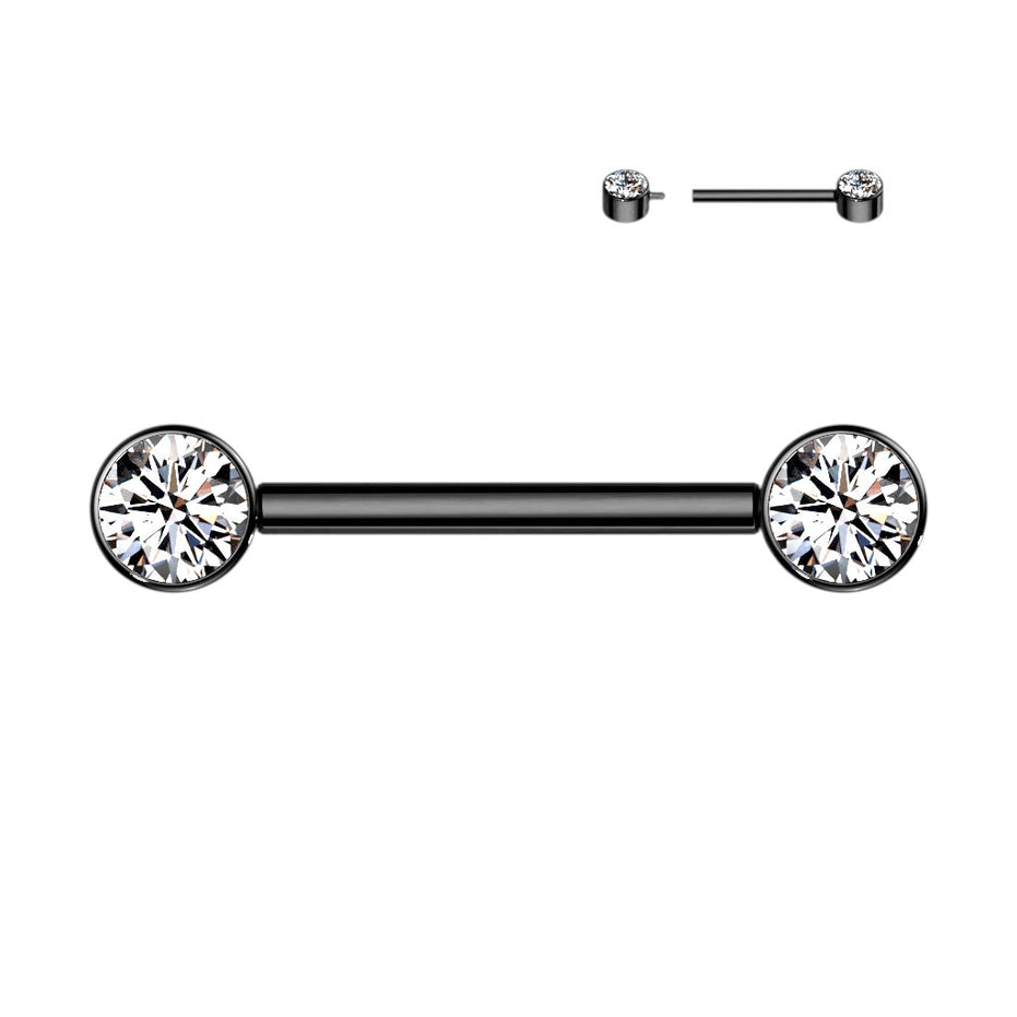 Bezel Set CZ Internally Threaded Nipple Barbell in black, ASTM F-136 implant grade titanium, 14G, 9/16