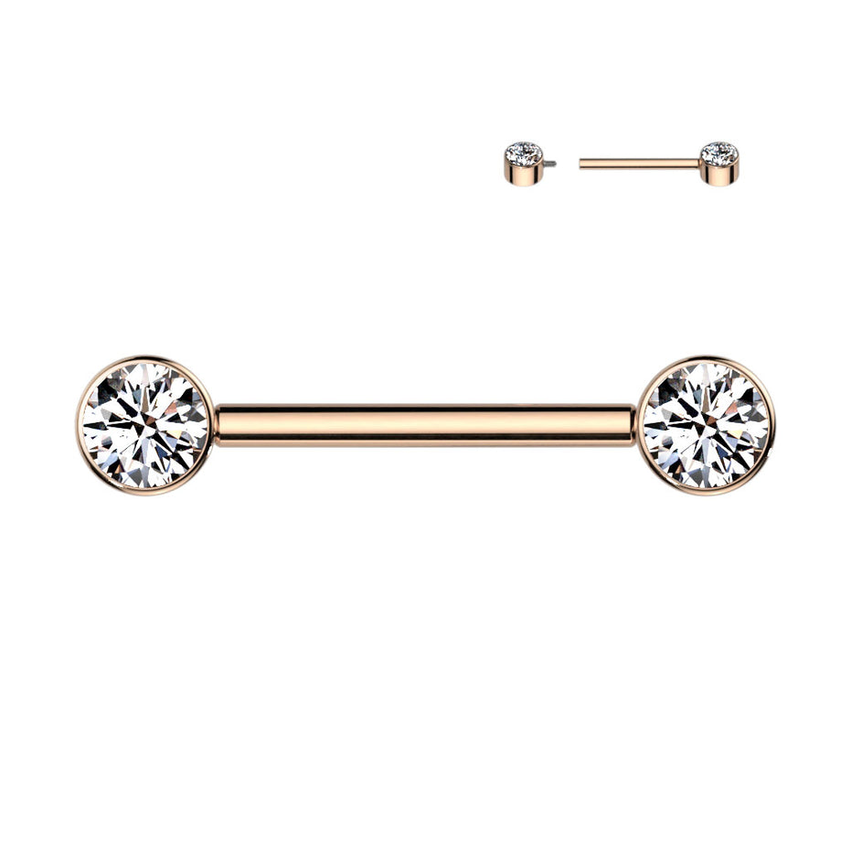 Bezel Set CZ Internally Threaded Nipple Barbell in rose gold PVD, ASTM F-136 implant grade titanium, 14G, 9/16