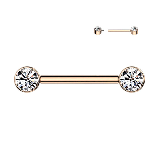 Implant Grade Titanium Internally Threaded Nipple Barbell — Bezel Set CZ Ends