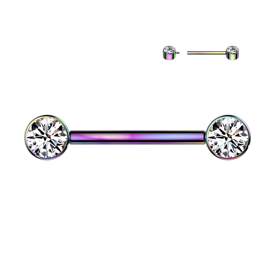 Bezel Set CZ Internally Threaded Nipple Barbell in rainbow anodized titanium, ASTM F-136, 14G, 9/16
