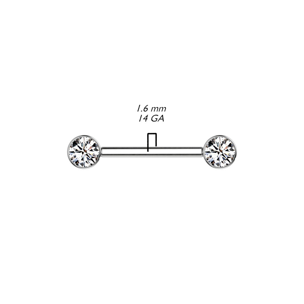 Implant Grade Titanium Internally Threaded Nipple Barbell — Bezel Set CZ Ends