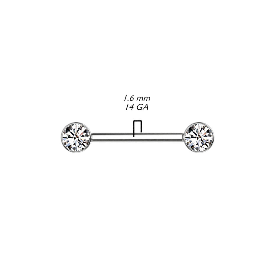 Bezel Set CZ Internally Threaded Nipple Barbell size diagram, ASTM F-136 implant grade titanium, 14G, 9/16