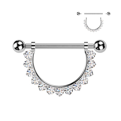 Pavé CZ Dangle Chain Nipple Barbell in silver, ASTM F-136 implant grade titanium, 14G, 9/16