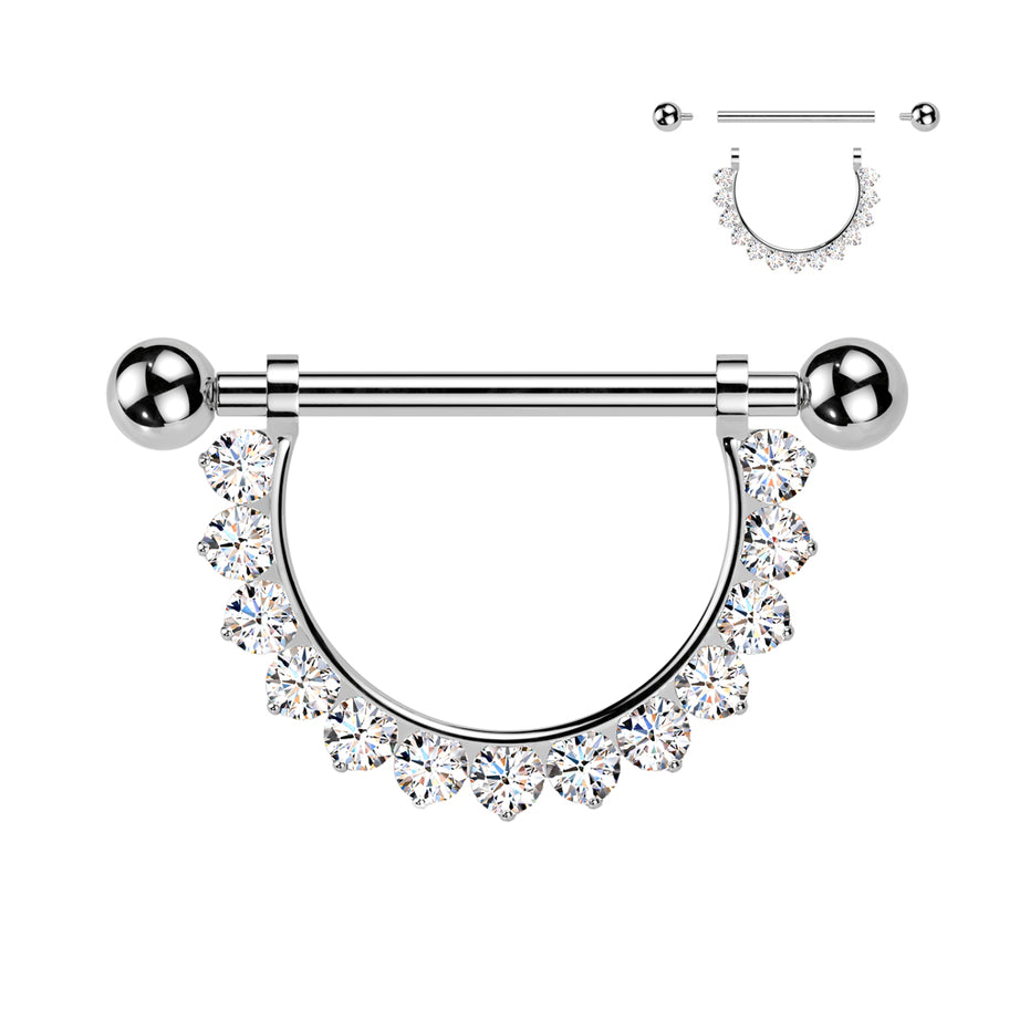 Pavé CZ Dangle Chain Nipple Barbell in silver, ASTM F-136 implant grade titanium, 14G, 9/16