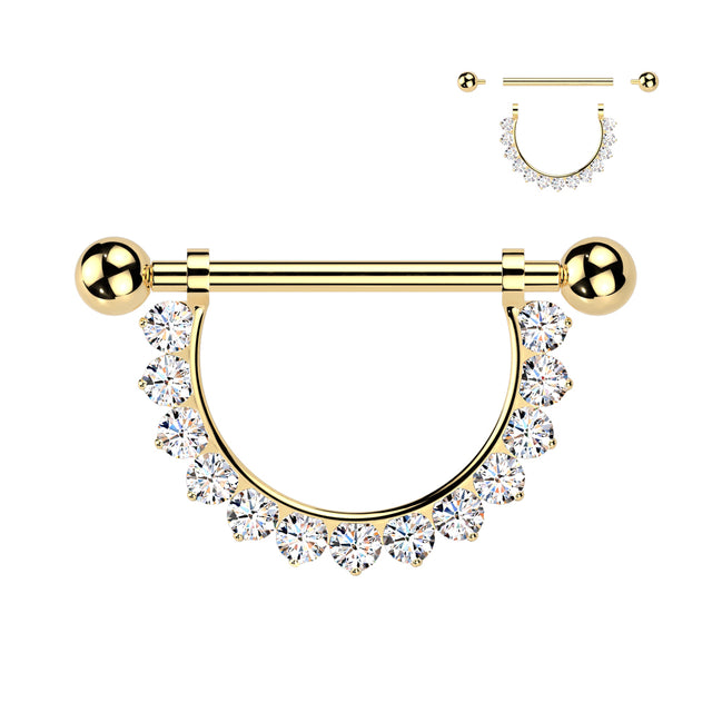 Pavé CZ Dangle Chain Nipple Barbell in gold PVD, ASTM F-136 implant grade titanium, 14G, 9/16