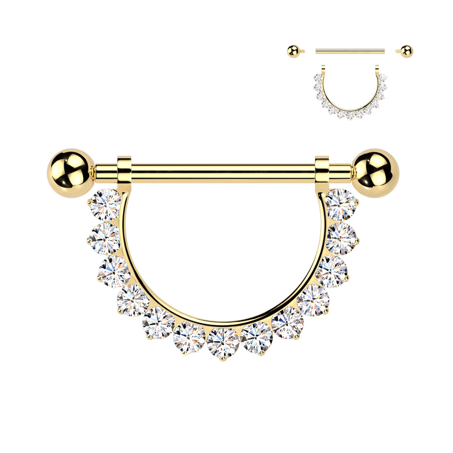 Pavé CZ Dangle Chain Nipple Barbell in gold PVD, ASTM F-136 implant grade titanium, 14G, 9/16