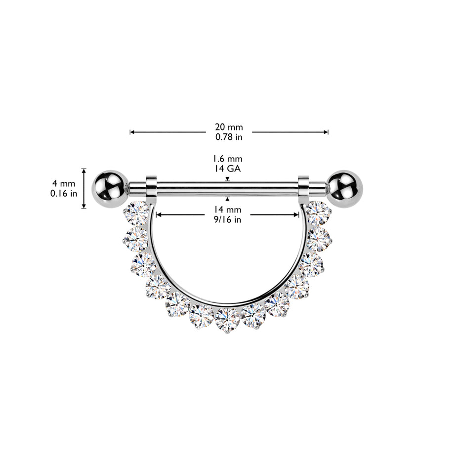 Pavé CZ Dangle Chain Nipple Barbell close-up in silver, ASTM F-136 implant grade titanium, 14G