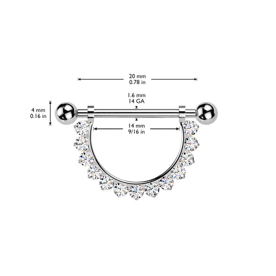 Pavé CZ Dangle Chain Nipple Barbell close-up in silver, ASTM F-136 implant grade titanium, 14G