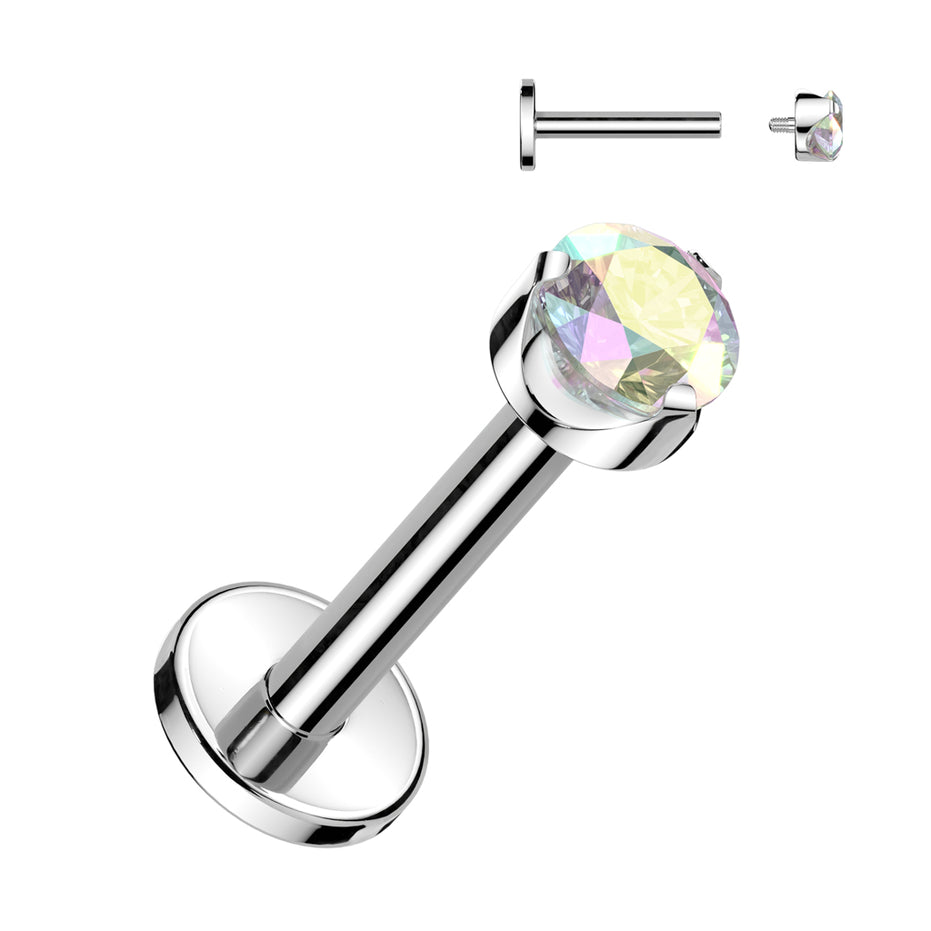 Bezel set CZ flat back labret stud in silver with clear CZ, 16G 316L surgical steel internally threaded for helix and conch