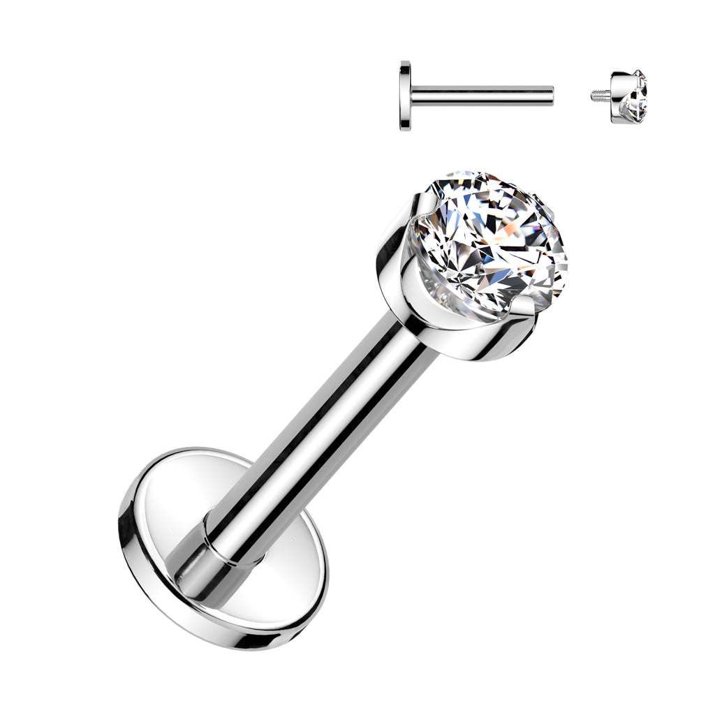 316L Surgical Steel Internally Threaded Flat Back Labret — Bezel CZ & Diamond CZ Dangle