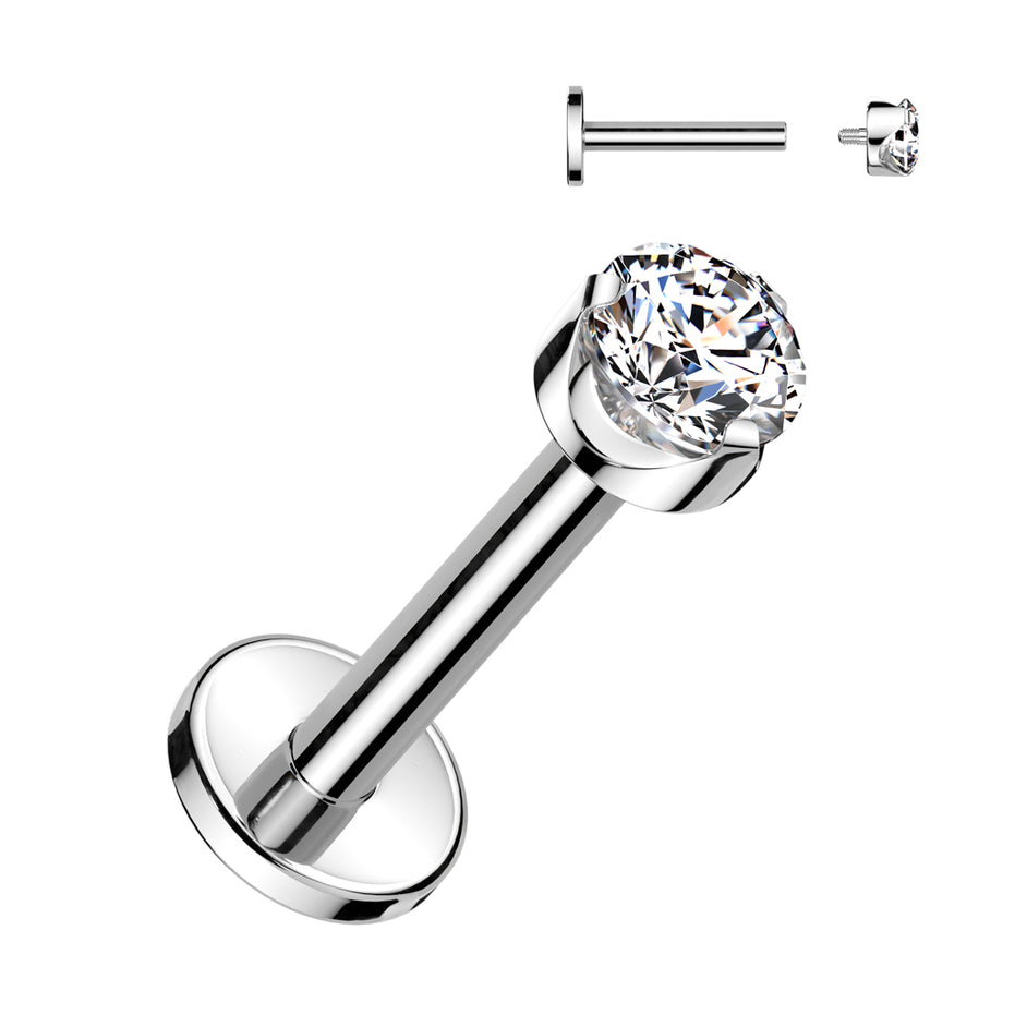 Bezel set CZ flat back labret stud in silver with clear CZ, 16G 316L surgical steel internally threaded for helix and conch