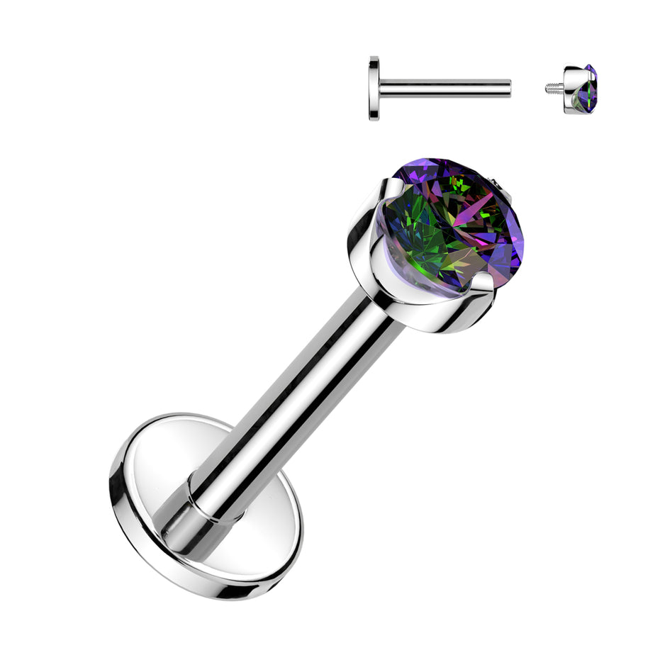 Bezel set CZ flat back labret stud with Vitrail Medium CZ stone, 16G 316L surgical steel internally threaded labret