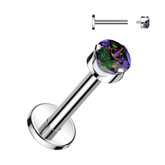 316L Surgical Steel Internally Threaded Flat Back Labret — Bezel CZ & Diamond CZ Dangle