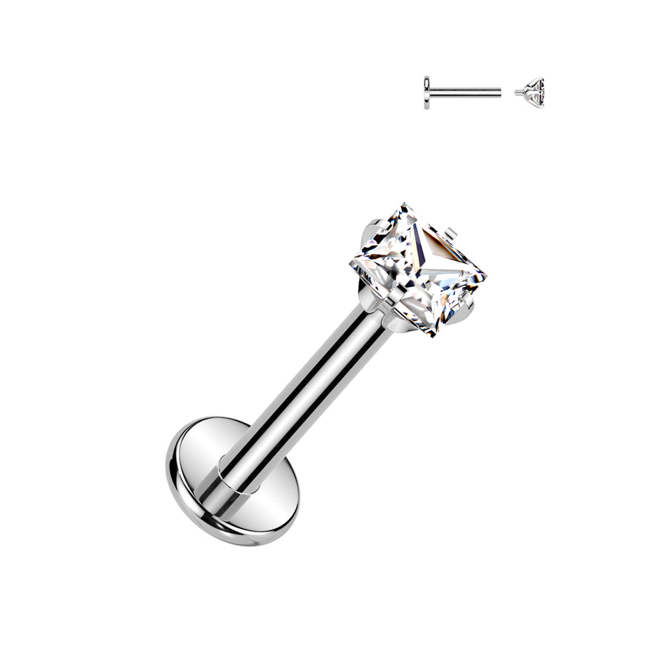 Square prong set CZ internally threaded labret stud in high-polish silver, 16G ASTM F-136 implant grade titanium