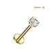 Square prong set CZ internally threaded labret stud in 14K gold PVD, 16G ASTM F-136 implant grade titanium