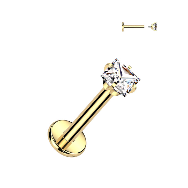 Square prong set CZ internally threaded labret stud in 14K gold PVD, 16G ASTM F-136 implant grade titanium