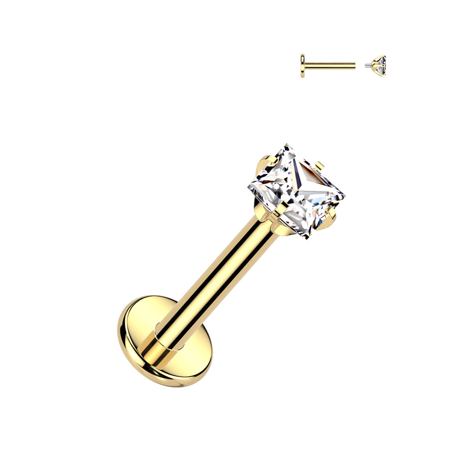 Square prong set CZ internally threaded labret stud in 14K gold PVD, 16G ASTM F-136 implant grade titanium