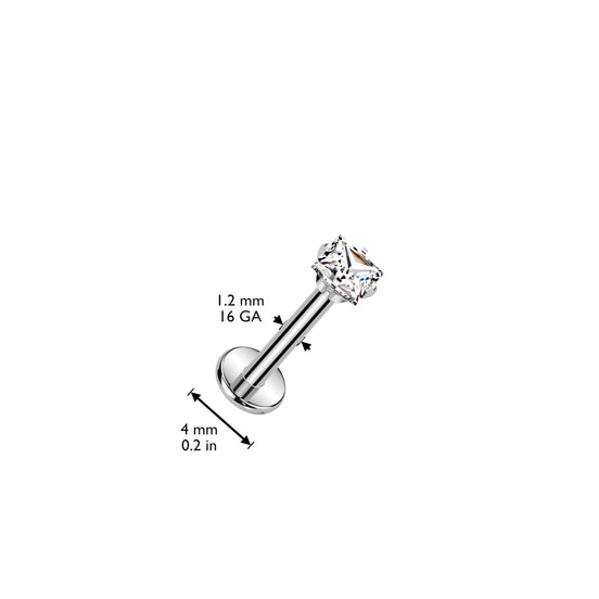 Size guide for square prong CZ labret stud showing 16G internally threaded post dimensions