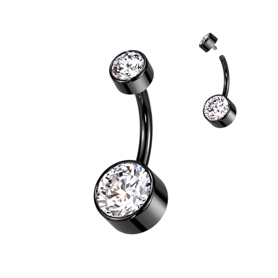 Double Swarovski crystal belly button ring in black with clear crystals — 14G ASTM F-136 implant-grade titanium navel barbell by Pressha
