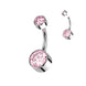 Double Swarovski crystal belly button ring in silver with pink crystals — 14G ASTM F-136 implant-grade titanium
