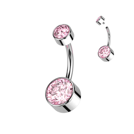 Double Swarovski crystal belly button ring in silver with pink crystals — 14G ASTM F-136 implant-grade titanium

