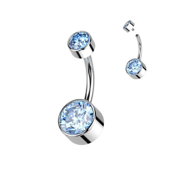 Double Swarovski crystal belly button ring in silver with aqua blue crystals — 14G ASTM F-136 implant-grade titanium navel barbell by Pressha
