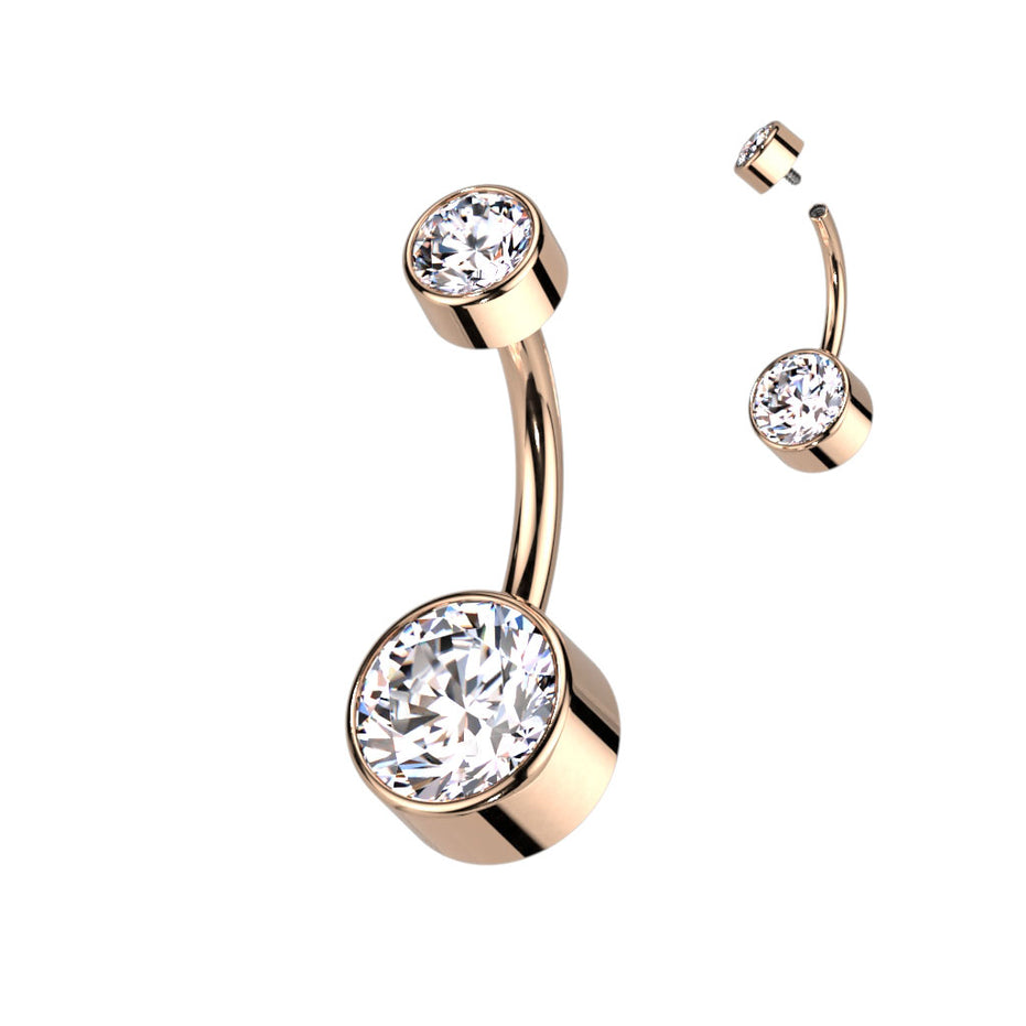 Double Swarovski crystal belly button ring in rose gold with clear crystals — 14G ASTM F-136 implant-grade titanium navel barbell by Pressha
