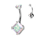 Diamond CZ & round CZ titanium belly button ring in silver with vitrail medium opal CZ — 14G ASTM F-136 implant-grade titanium navel barbell by Pressha

