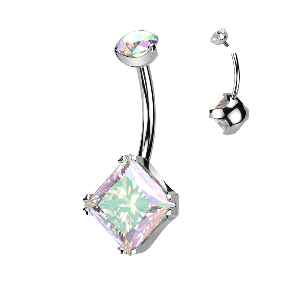 Diamond CZ & round CZ titanium belly button ring in silver with vitrail medium opal CZ — 14G ASTM F-136 implant-grade titanium navel barbell by Pressha


