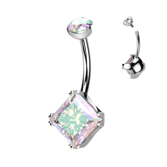 Implant-grade titanium internally threaded belly ring with diamond CZ and round CZ – Aurora Borealis | Pressha