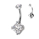Diamond CZ & round CZ titanium belly button ring in silver with clear CZ — 14G ASTM F-136 implant-grade titanium navel barbell by Pressha
