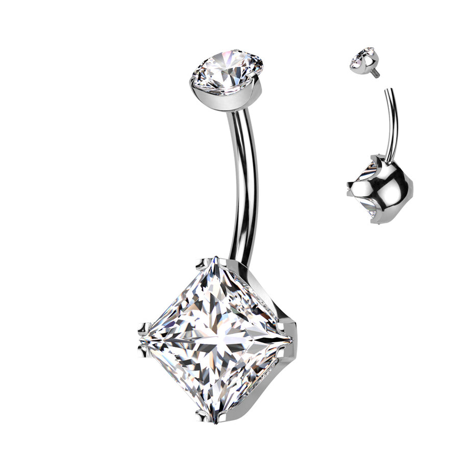 Diamond CZ & round CZ titanium belly button ring in silver with clear CZ — 14G ASTM F-136 implant-grade titanium navel barbell by Pressha
