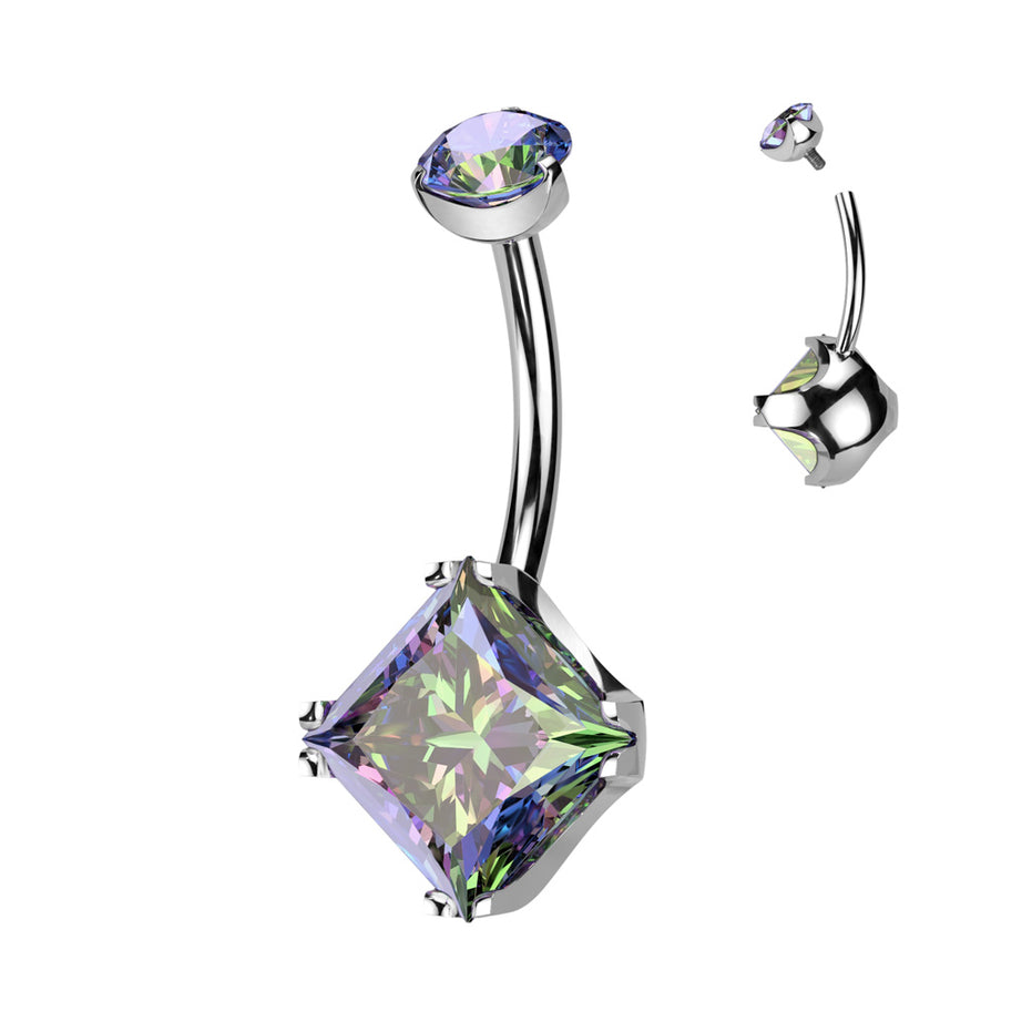 Diamond CZ & round CZ titanium belly button ring in silver with aurora borealis CZ — 14G ASTM F-136 implant-grade titanium navel barbell by Pressha

