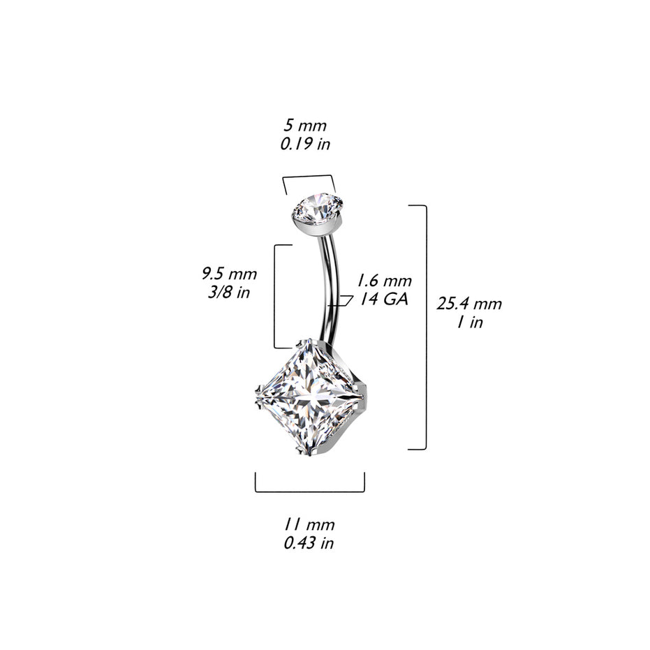 Diamond CZ & round CZ titanium belly button ring sizing diagram — 14G 3/8" (10mm) ASTM F-136 implant-grade titanium navel barbell by Pressha

