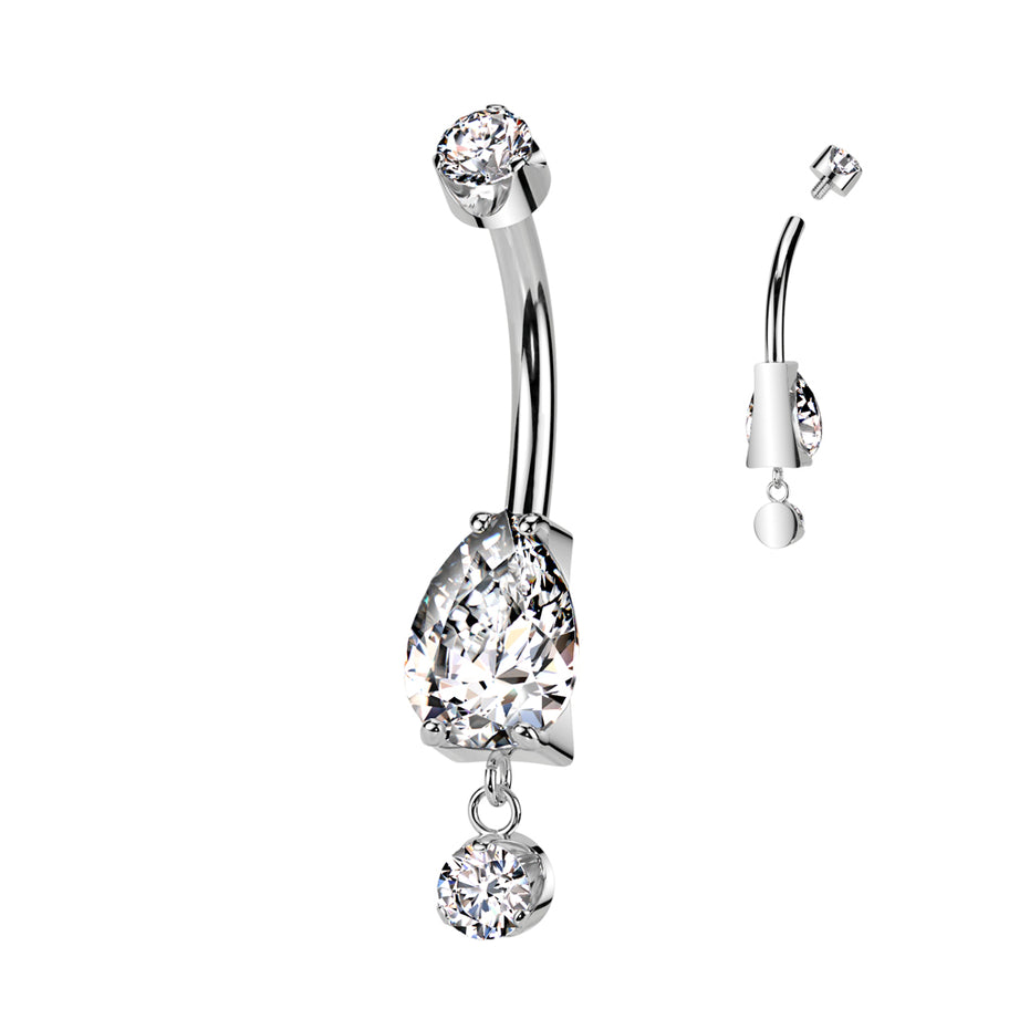 Pear CZ dangle belly button ring in silver — 14G ASTM F-136 implant-grade titanium navel barbell by Pressha
