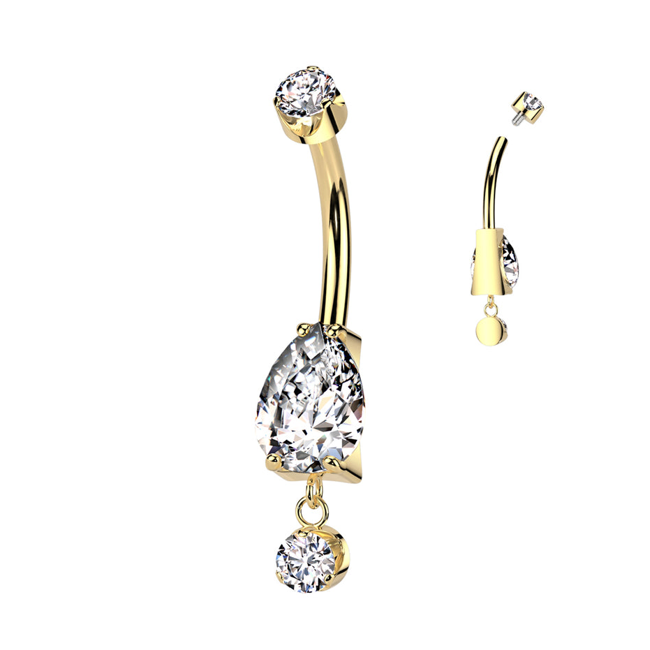 Pear CZ dangle belly button ring in gold — 14G ASTM F-136 implant-grade titanium navel barbell by Pressha

